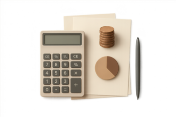 Financial accounting tools with calculator and charts isolated on transparent background