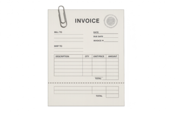 Generic invoice template with paperclip isolated on transparent background