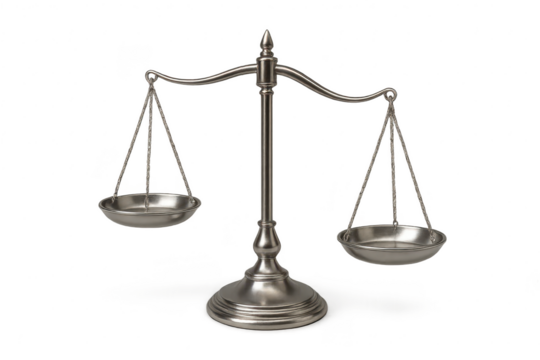 Classic silver balance scale isolated on transparent background, symbol of justice.