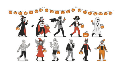 Halloween Costume Procession: a whimsical collection of creatively costumed individuals, each ready to revel in the spooky festivities, parade across the foreground.