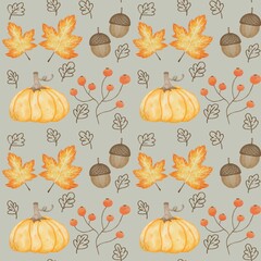 Autumn Seamless Pattern with Pumpkins, Leaves, and Acorns
