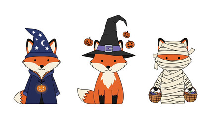 Whimsical Halloween Foxes in Costume: Three adorable foxes, each adorned in unique Halloween costumes, embodying the spirit of playful spookiness and festive joy. 