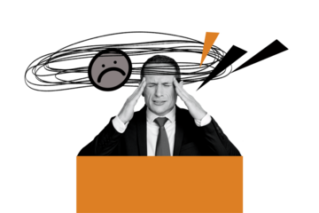 Creative photo collage picture senior businessman suffer headache emoticon sad face expression drawing doodles mental pressure migraine