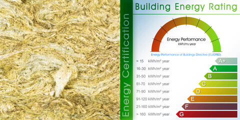 BUILDINGS ENERGY EFFICIENCY AND RATING in building activity and construction industry with rock...