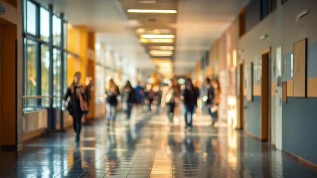 A lively school corridor features numerous students moving about, engaged in conversations and activities. Sunlight filters through large windows, creating a warm atmosphere.
