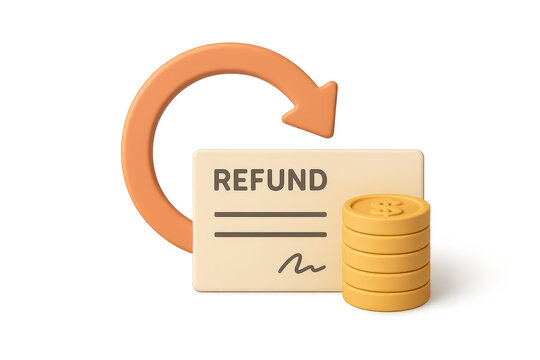 3D render of refund form with money, arrow, isolated, transparent background.