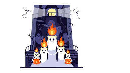 Spooky Candle Mansion: An illustrated Halloween scene featuring smiling candle ghosts in front of a haunted mansion, evoking the eerie spirit of the season.
