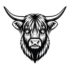 Majestic highland cattle head graphic design rugged scottish bull symbol artistic rendering silhouette
