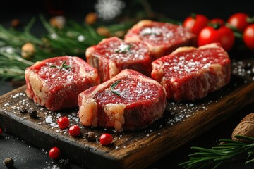 Obraz premium Raw meat on a wooden board.
