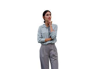 Young businesswoman thinking contemplating future strategy looking away on transparent background