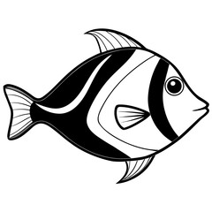 Simple Black Outline Surgeonfish Vector Drawing Isolated on White