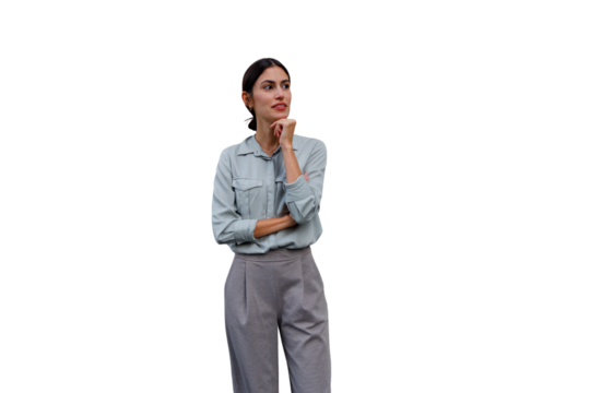 Young businesswoman thinking contemplating future strategy looking away on transparent background