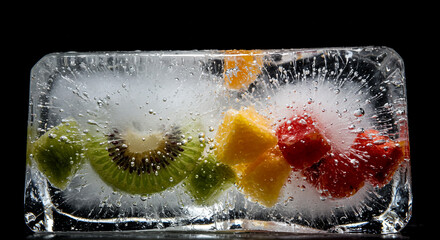 Refreshing frozen block of ice containing vibrant slices of kiwi fruit and juicy red raspberries and orange segments