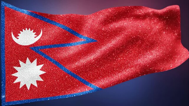 Glittering Nepal Flag Waving - A stunning, sparkling video of the Nepalese flag in a waving motion. The flag features a vibrant red background with blue borders, sparkling white celestial symbols,