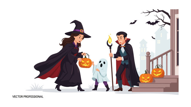 Spooky Halloween Night: A witch, a vampire, and a ghost prepare for their Halloween adventure, decorated pumpkin lanterns and dark, ominous background, evoke a fun-filled festive spirit.