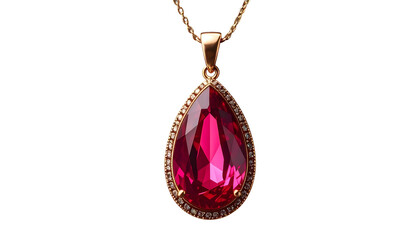Elegant teardrop ruby pendant on gold chain, dazzling sparkle