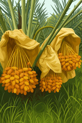 The illustration shows clusters of ripe golden-yellow dates growing on a date palm tree. The fruits are protected by large brown paper bags, hanging in bunches among the long green palm leaves. A sing