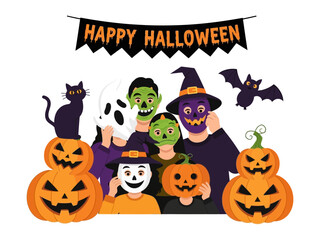 Spirited Halloween: A vibrant collection of pumpkins and people in costumes set against a cheerful Happy Halloween banner, capturing the spooky, fun atmosphere of a festival. 