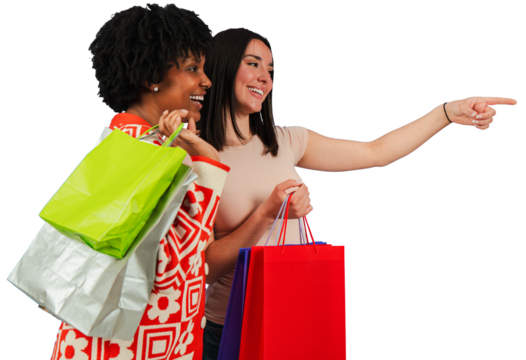 Two enthusiastic women are actively participating in a joyful shopping experience while holding vibrant bags. They are sharing laughter and excitement as they enjoy their delightful day filled with - Powered by Adobe