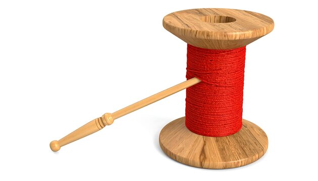Wooden thread spool with red thread and a wooden threading tool