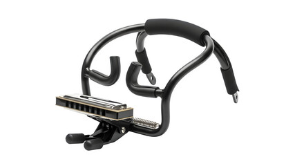 Harmonica in a neck holder isolated on transparent background, allowing handsfree playing, offering convenience for musicians and performers alike