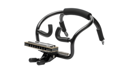 Harmonica in a neck holder isolated on transparent background, allowing handsfree playing, offering convenience for musicians and performers alike