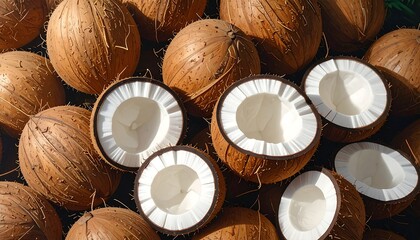 Close-up view of many whole and halved coconuts