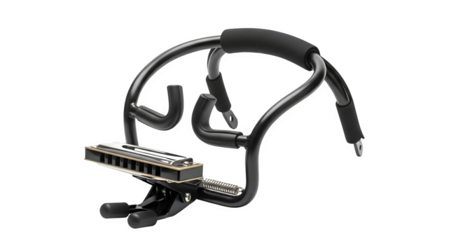 Harmonica in a neck holder isolated on transparent background, allowing handsfree playing, offering convenience for musicians and performers alike