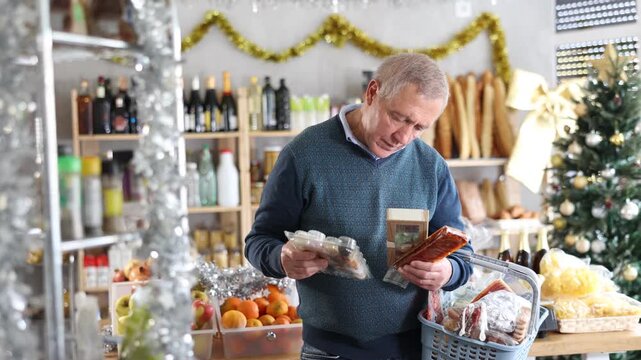 Happy elderly couple choosing nougat and panellets for Christmas table in supermarket. High quality 4k footage