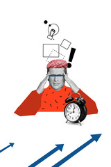 Vertical photo collage of unhappy businessman hold head brain thought light bulb alarm deadline arrow job isolated on painted background