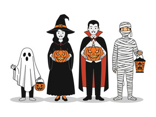 Spooky Halloween Characters: A delightful illustration of classic Halloween figures, each in their iconic costume, offering a charming and playful take on the holiday.