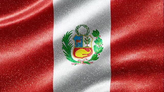 Glittering Peru Flag Wallpaper - A close-up shot of the Peruvian flag, video as a sparkling, glittering wallpaper. The red and white stripes shimmer, and the national emblem is at the center.