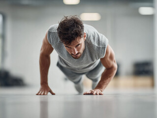 Fototapeta premium A muscular man doing pushups with focused determination in a bright, modern gym. Illustrates strength, fitness, and healthy lifestyle. Ideal for motivation, training, or wellbeing content.