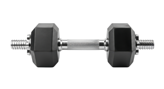 Single black dumbbell for weight training isolated PNG with Transparent Background