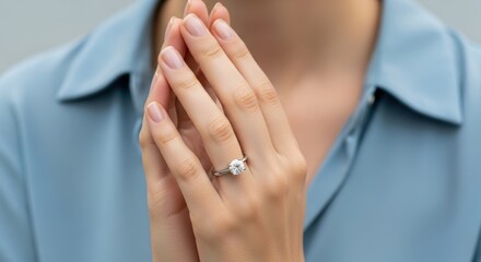 Close-up of caucasian female hands with elegant diamond engagement ring