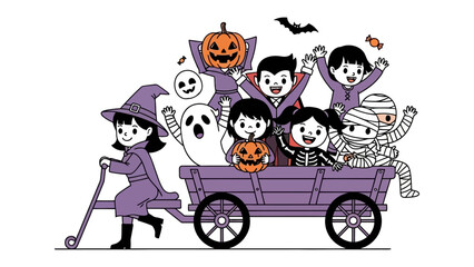 Halloween Wagon Adventure: A delightful illustration of a group of children in Halloween costumes joyfully riding a charming wagon.