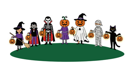 Spooky Halloween Gathering: A cartoonish depiction of diverse Halloween characters holding carved jack-o'-lanterns, evoking a festive atmosphere of frightful fun, trick-or-treating and playful terror.