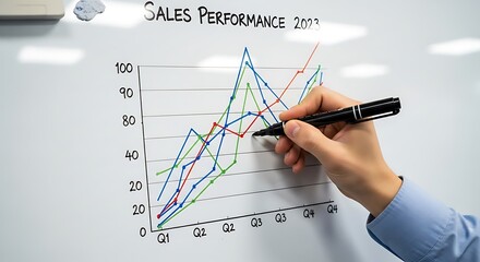 Hand Drawing Sales Performance 2023 Graph on Whiteboard with Marker