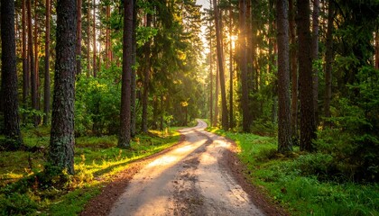 Fototapeta premium A sunlit forest scene. A dirt road curves through tall trees, bathed in golden sunlight, creating an ethereal ambiance. Lush greenery is around