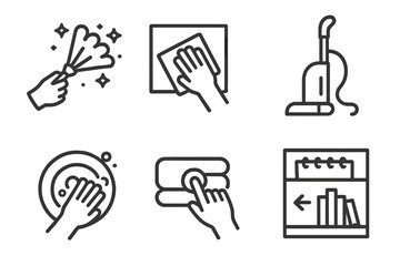 Cleaning service icon set for housework. Line art symbols for housekeeping chores: dusting, wiping, vacuuming, washing dishes, laundry and organizing. Vector pictograms collection.