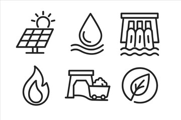 Energy and power generation line icon set. Thin line style symbols for renewable resources like solar panel, water, hydro dam, and eco leaf. Non-renewable fossil fuel and coal.
