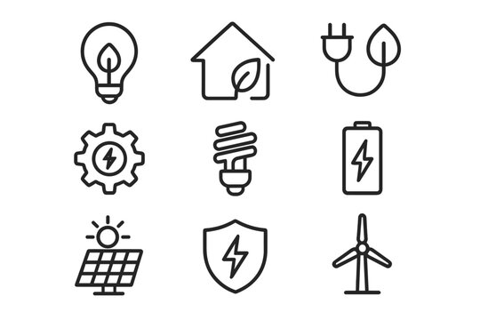 Green energy line icon set. Sustainable power and ecology vector symbols. Renewable electricity concepts for web and app. Solar panel, wind turbine, eco house collection.