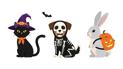 Spooky Halloween Trio: A charming Halloween-themed illustration features a black cat adorned with a witch's hat, a dog in a skeleton costume, and a rabbit carrying a pumpkin.