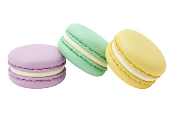 Colorful macarons isolated PNG, pastel purple green and yellow cookies with cream filling for dessert and confectionery concepts