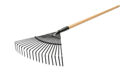 Metal leaf rake with a wooden handle isolated PNG with Transparent Background