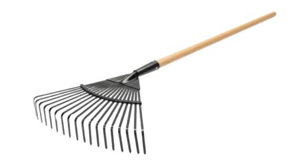 Metal leaf rake with wooden handle isolated PNG with Transparent Background