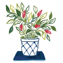 Colorful hand-drawn botanical illustration of a potted plant with lush green leaves and red flower buds. The plant is placed in a decorative white pot with a blue geometric pattern, sitting on a dark 