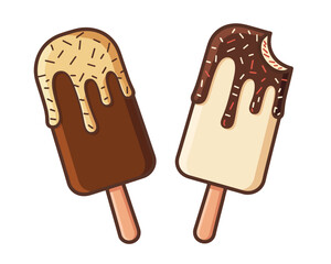 Obraz premium Two delicious ice cream bars on sticks with chocolate and toppings