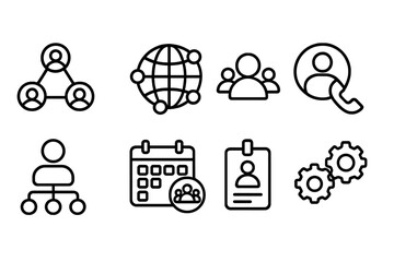 Networking web icons in modern line style, connection symbols, community and social network, contact us, events calendar, professional group, ID badge, and settings gear vector illustration