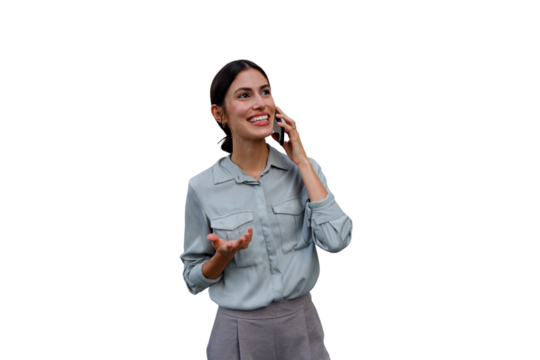 Businesswoman talking on phone, smiling and communicating, concept of happy professional interaction